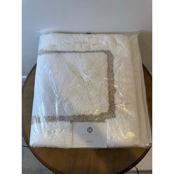 Hotel Collection Contrast Frame Bath Rug White Taupe Plush Luxury Bathroom Mat - Picture 3 of 3